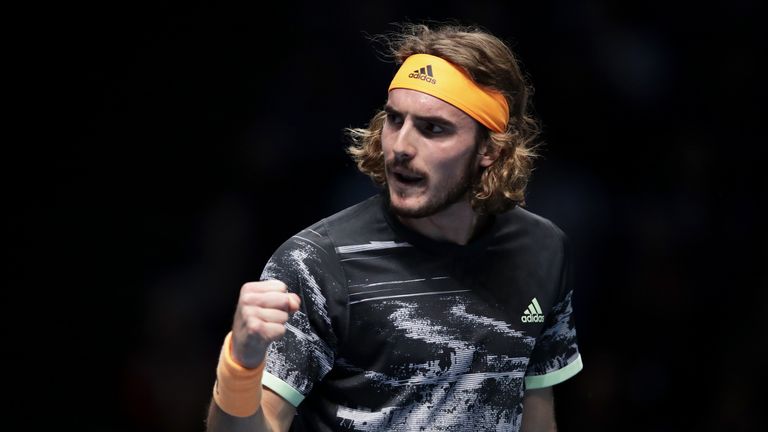 Stefanos Tsitsipas of Greece celebrates in his singles final match against Dominic Thiem of Austria during Day Eight of the Nitto ATP World Tour Finals at The O2 Arena on November 17, 2019 in London, England