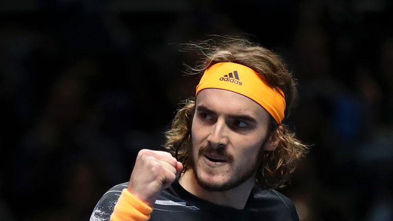 Stefanos Tsitsipas of Greece celebrates in his singles final match against Dominic Thiem of Austria during Day Eight of the Nitto ATP World Tour Finals at The O2 Arena on November 17, 2019 in London, England. 