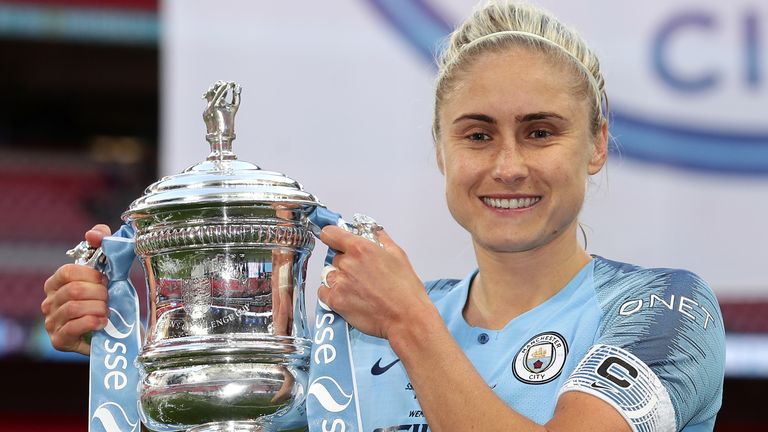 Manchester City Women captain Steph Houghton celebrates with the trophy after the Women&#39;s FA Cup Final at Wembley 