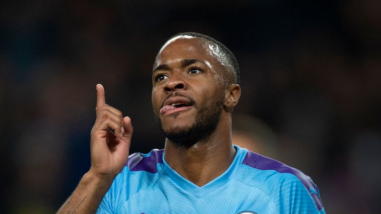 MANCHESTER, ENGLAND - OCTOBER 22: Raheem Sterling of Manchester City celebrates scoring hi hat trick goal during the UEFA Champions League group C match between Manchester City and Atalanta at Etihad Stadium on October 22, 2019 in Manchester, United Kingdom. (Photo by Visionhaus) *** Local Caption *** Raheem Sterling