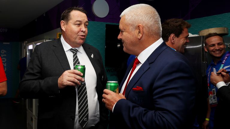 CHOFU, JAPAN - NOVEMBER 01: Steve Hansen, Head Coach of New Zealand and Warren Gatland, Head Coach of Wales in conversation in the dressing room during the Rugby World Cup 2019 Bronze Final match between New Zealand and Wales at Tokyo Stadium on November 01, 2019 in Chofu, Tokyo, Japan. (Photo by Hannah Peters/Getty Images)