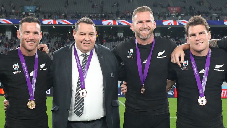CHOFU, JAPAN - NOVEMBER 01: Ben Smith, Ryan Crotty, Steve Hansen, Head Coach of New Zealand, Kieran Read, Matt Todd and Sonny Bill Williams of New Zealand pose for a photo following the Rugby World Cup 2019 Bronze Final match between New Zealand and Wales at Tokyo Stadium on November 01, 2019 in Chofu, Tokyo, Japan. (Photo by Hannah Peters/Getty Images)