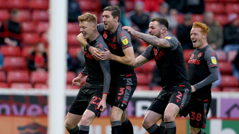 BARNSLEY, ENGLAND - NOVEMBER 09: Alex Mowatt (L) of Stoke City celebrates scoring during the Sky Bet Championship match between Barnsley and Stoke City at Oakwell Stadium on November 9, 2019 in Barnsley, England. (Photo by Nigel Roddis/Getty Images)      