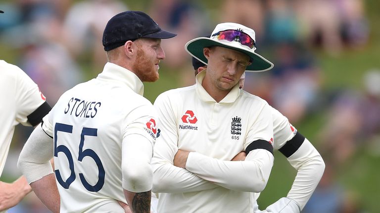 Stokes and England captain Joe Root react after losing a referral for the wicket of Tom Latham