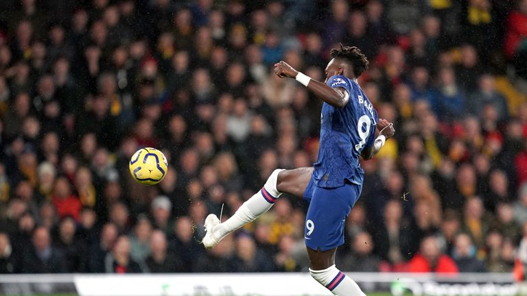 Chelsea&#39;s Tammy Abraham scores his side&#39;s first goal of the game at Vicarage Road