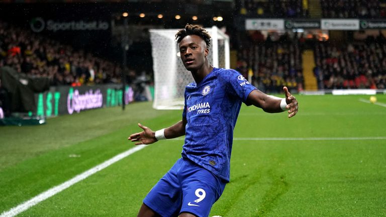 Chelsea's Tammy Abraham celebrates scoring his side's first goal of the game at Vicarage Road