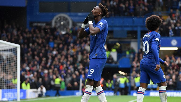 Tammy Abraham gestures towards the crowd after putting Chelsea ahead
