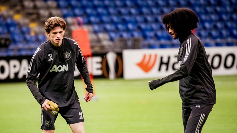 Max Taylor warms up ahead of Manchester United&#39;s Europa League match against Astana
