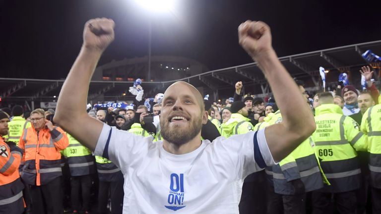 Teemu Pukki celebrates after Finland sealed their spot at Euro 2020