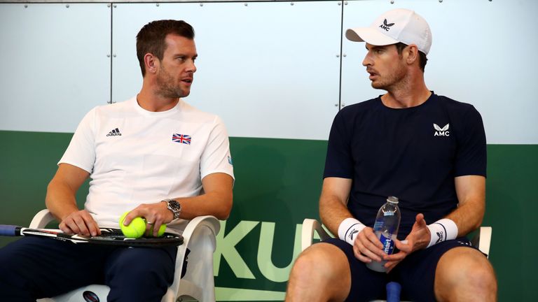 Leon Smith and Andy Murray talking during practice at the Davis Cup in Madrid