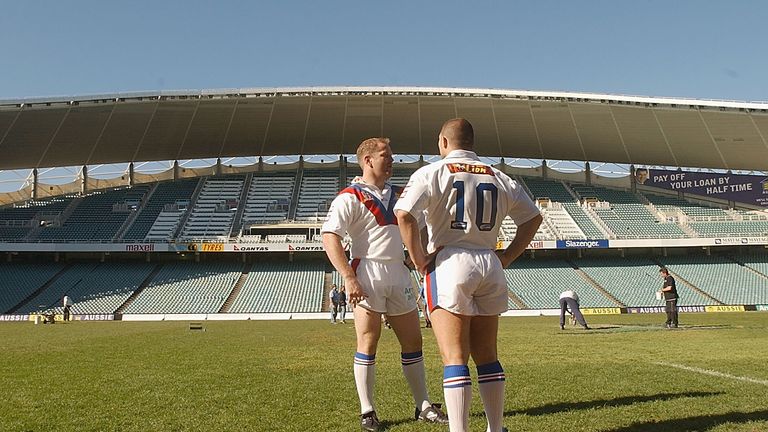                                SYDNEY - JULY 11: Terry o'Connor and Barry McDermott have a look around Aussie Stadium during Great Britain and Irish Lions training ahead of the Rugby League test match between Great Britain and Australia. Training was held at Aussie Stadium, Sydney, Australia on July 11, 2002. (Photo by Chris McGrath/Getty Images)