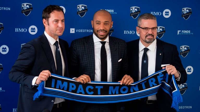 Thierry Henry is unveiled as the new manager of MLS club Montreal Impact alongside Sporting Director Olivier Renard and President & Chief Executive Officer Kevin Gilmore during a press conference at Centre Nutrilait