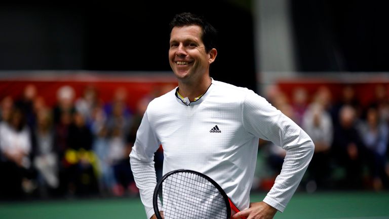 Tim Henman in action during The Lawn Tennis Association (LTA) celebratory 50 years of Open Era tennis at the West Hants Club in Bournemouth, back where the first ever Open tennis tournament was played in 1968