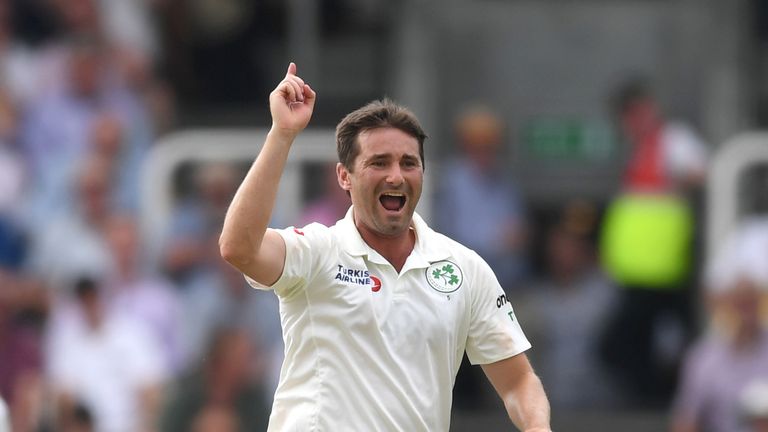Tim Murtagh of Ireland celebrates dismissing Jack Leach of England during day two of the Specsavers Test Match between England and Ireland at Lord's Cricket Ground on July 25, 2019 in London, England.