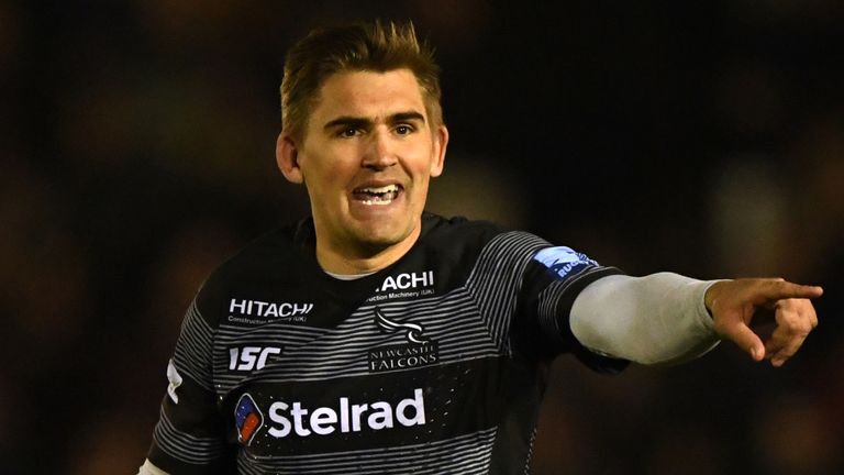 NEWCASTLE UPON TYNE, ENGLAND - APRIL 12: Falcons player Toby Flood reacts during the Gallagher Premiership Rugby match between Newcastle Falcons and Leicester Tigers at Kingston Park on April 12, 2019 in Newcastle upon Tyne, United Kingdom. (Photo by Stu Forster/Getty Images)