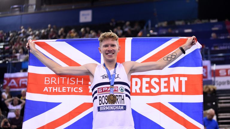 BIRMINGHAM, ENGLAND - FEBRUARY 10: Tom Bosworth celebrates after winning the Men's 5000m walk Final during Day Two of the SPAR British Athletics Indoor Championships at Arena Birmingham on February 10, 2019 in Birmingham, England. (Photo by Nathan Stirk/Getty Images)
