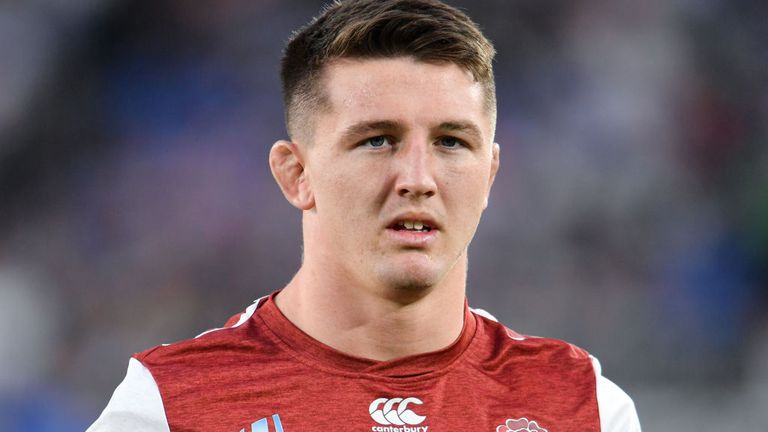 YOKOHAMA, JAPAN - OCTOBER 26: England's Tom Curry during the pre match warm up before the Rugby World Cup 2019 Semi-Final match between England and New Zealand at International Stadium Yokohama on October 26, 2019 in Yokohama, Kanagawa, Japan. (Photo by Ashley Western/MB Media/Getty Images)