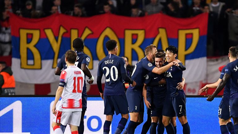 Giovani Lo Celso celebrates with team-mates after putting Tottenham ahead at Red Star Belgrade