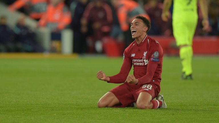 Alexander-Arnold celebrates after Liverpool knocked Barcelona out of the Champions League semi-finals
