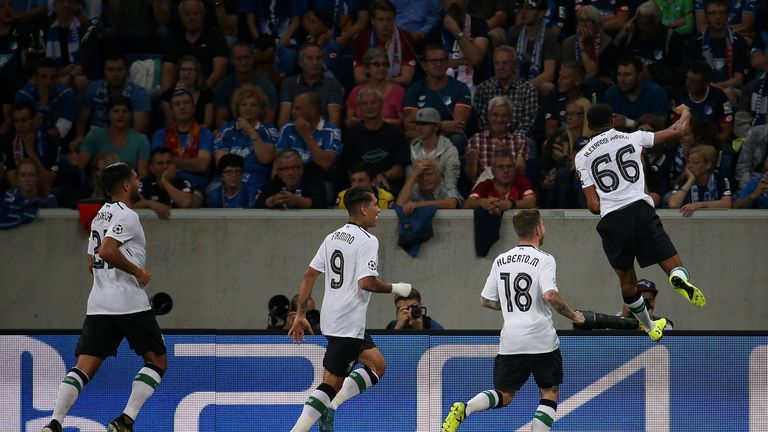 Alexander-Arnold celebrates his first goal for Liverpool