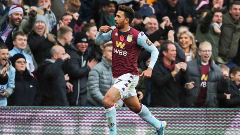 Trezeguet celebrates after giving Aston Villa the lead against Liverpool