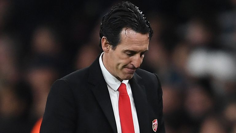 Unai Emery, Manager of Arsenal looks dejected after his team concede during the Premier League match between Arsenal FC and Southampton FC at Emirates Stadium on November 23, 2019 in London, United Kingdom.