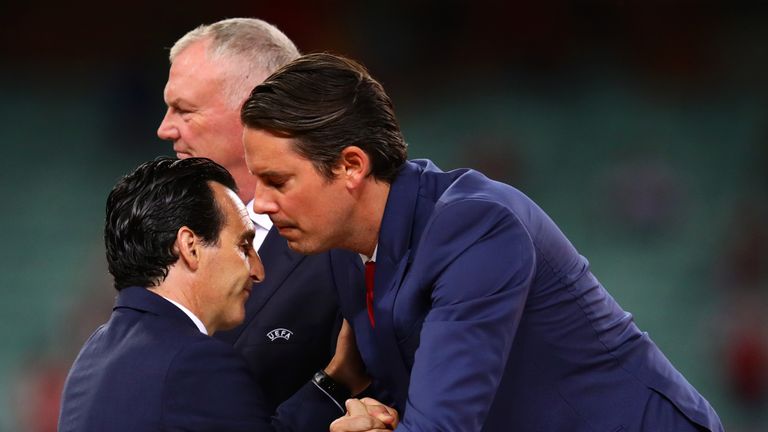 Josh Kroenke and Unai Emery after the Europa League Final defeat by Chelsea