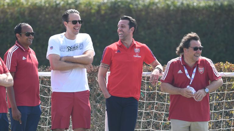 Arsenal Managing Director Vinai Venkatesham with Josh Kroenke of KSE, Technical Director Edu and Head of Football Relations Raul Sanllehi