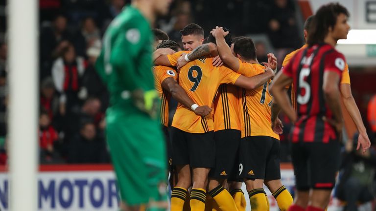 Wolves celebrate after Raul Jimenez scores their second goal