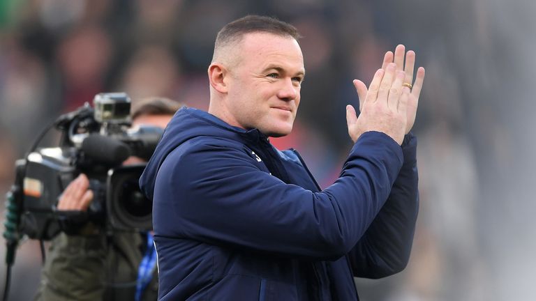 Wayne Rooney of Derby County acknowledges the fans prior to the Sky Bet Championship match between Derby County and Queens Park Rangers at Pride Park Stadium on November 30, 2019 in Derby, England. 