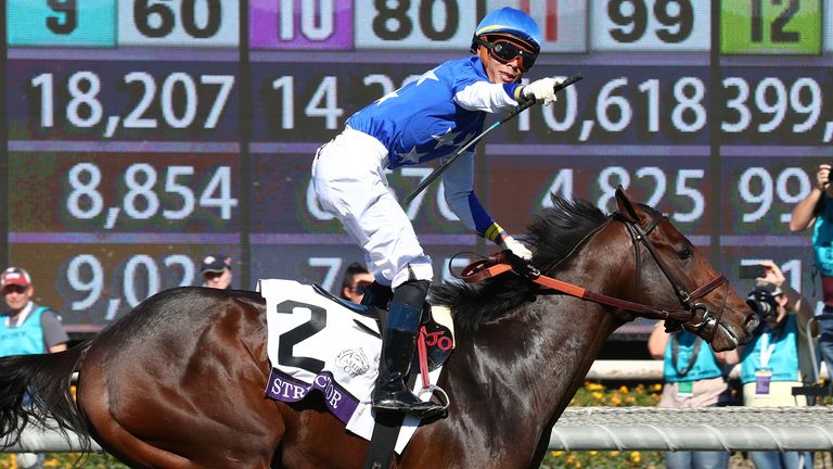 Jose Ortiz reacts after winning the Juvenile Turf on Structor at Santa Anita