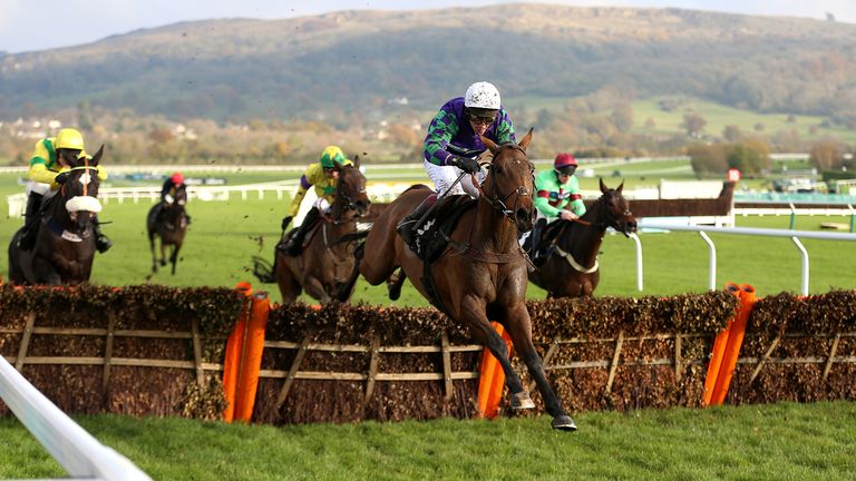Thyme Hill ridden by Richard Johnson wins The Ballymore Novices.. Hurdle during the November Meeting at Cheltenham Racecourse, Cheltenham. PA Photo. Picture date: Saturday November 16, 2019. See PA story RACING Cheltenham. Photo credit should read: Nigel French/PA Wire.