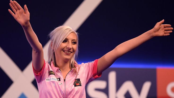 Fallon Sherrock acknowledges the fans after winning her 1st round game against Ted Evetts to become the first female to win a game in the PDC World Championships during Day 5 of the 2020 William Hill Darts Championship at Alexandra Palace on December 17, 2019 in London, England. 