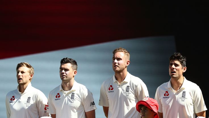 Joe Root, James Anderson, Stuart Broad and Alastair Cook during day one of the Fourth Test Match in the 2017/18 Ashes series between Australia and England at Melbourne Cricket Ground on December 26, 2017 in Melbourne, Australia.