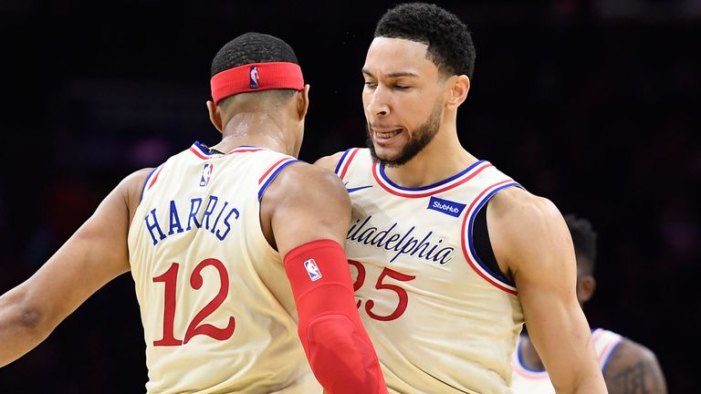 Ben Simmons chest-bumps Tobias Harris during the 76ers&#39; win over the Bucks