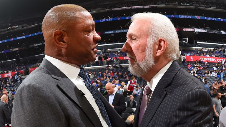 Doc Rivers and Gregg Popovich share a moment during the playoffs