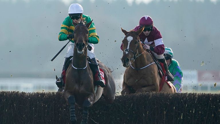RATOATH, IRELAND - DECEMBER 01: Mark Walsh riding Fakir D'oudairies (L) on their wat to winning The baroneracing.com Drinmore Novice Chase at Fairyhouse Racecourse on December 01, 2019 in Ratoath, Ireland. (Photo by Alan Crowhurst/Getty Images)