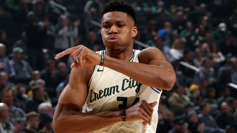 Giannis Antetokounpo celebrates a play in the Bucks' victory over the Knicks