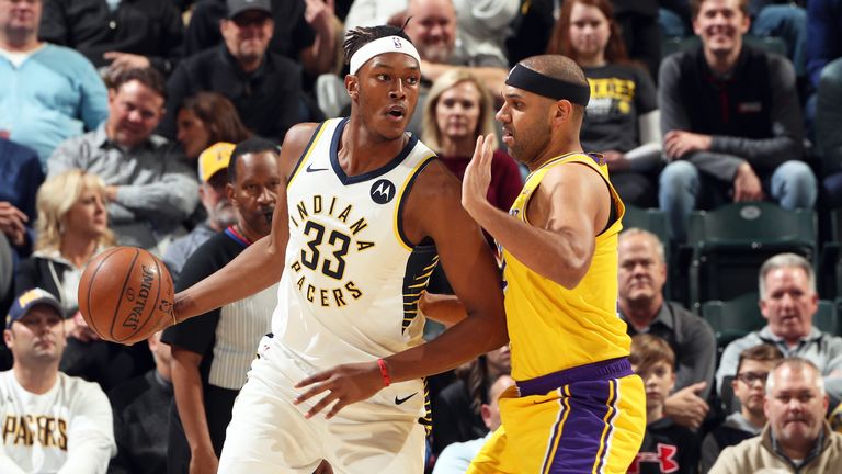 Myles Turner posts up against the Lakers