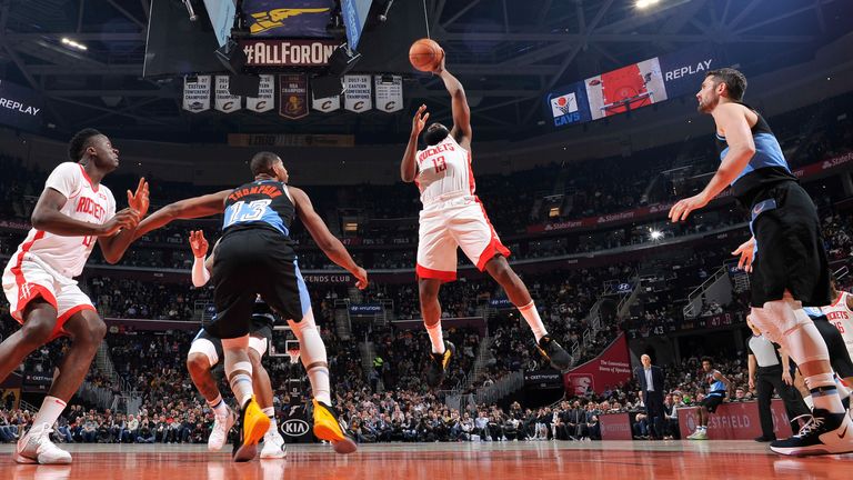 James Harden of the Houston Rockets shoots the ball against the Cleveland Cavaliers