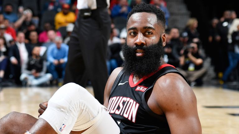 James Harden reacts after being fouled during Houston&#39;s double-overtime loss to the San Antonio Spurs