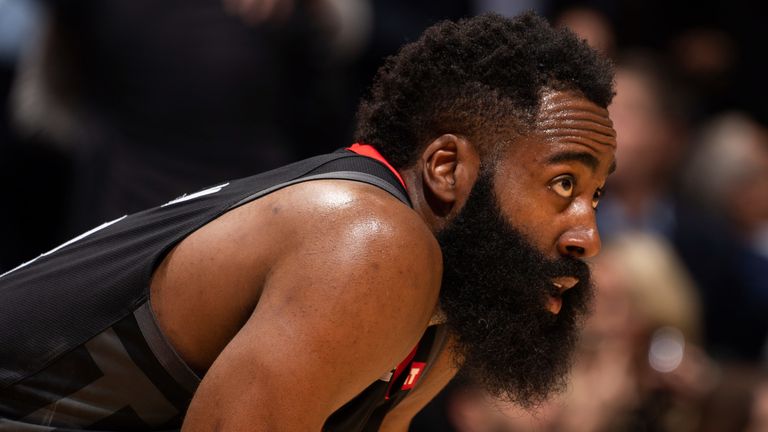 James Harden on court during the Rockets win in Toronto