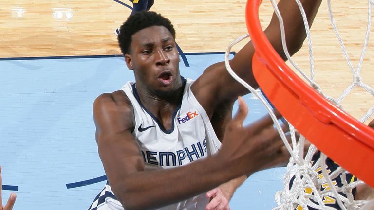 Jaren Jackson Jr finishes at the rim against the Indiana Pacers