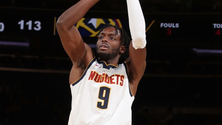 Jerami Grant shoots a three-pointer during the Nugget's emphatic win over the Knicks
