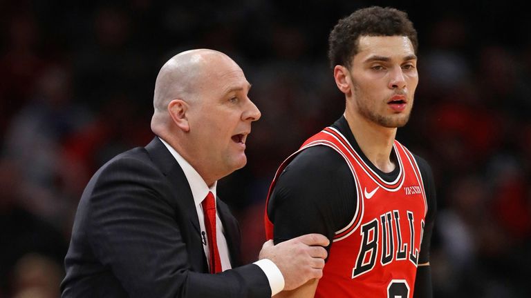 Bulls coach Zach LaVine gives instructions to Zach LaVine