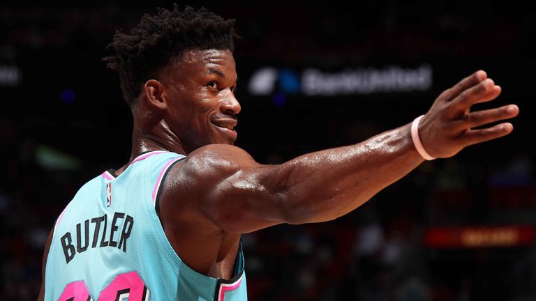 Jimmy Butler signals to a team-mate during the Heat&#39;s win over the Wizards