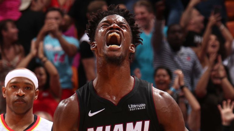 Jimmy Butler celebrates a basket against the Atlanta Hawks