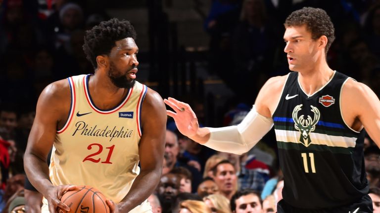 Joel Embiid works in the post against Brook Lopez