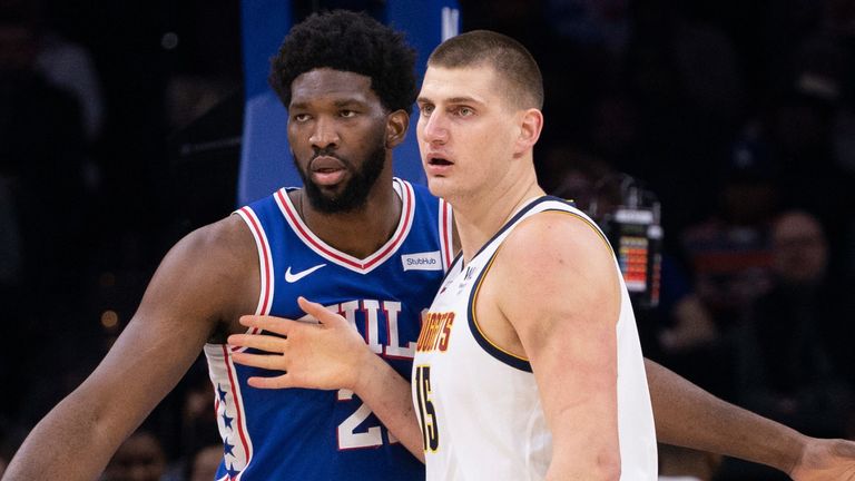 Joel Embiid defends Nikola Jokic in Philadelphia&#39;s win over the Denver Nuggets