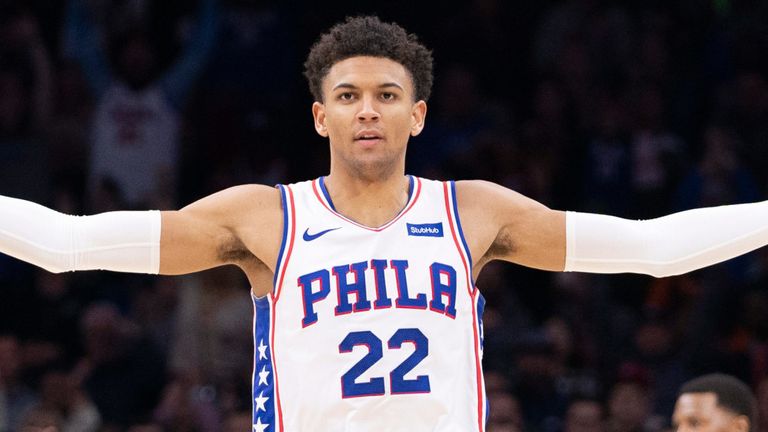 Matisse Thybulle celebrates a three-pointer against the Toronto Raptors
